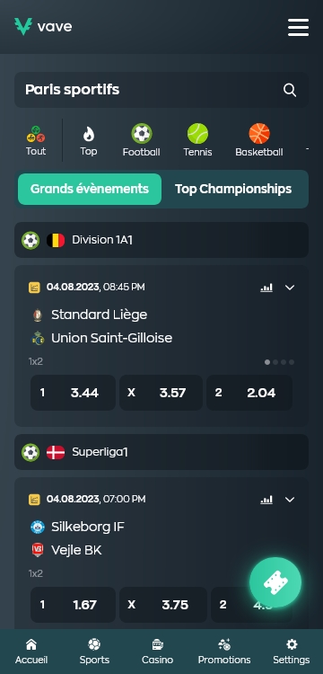Une capture d’écran de l’application mobile dans l’onglet Paris Sportifs