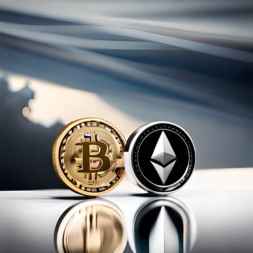 Une pièce de BTC et une autre de ETH sur un bureau