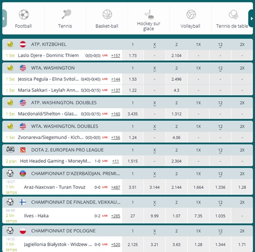 Exemple de live betting sur la plateforme