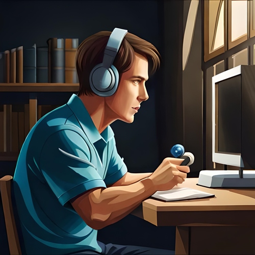 Un gamer derrière son ordinateur avec un casque sur la tête sans sa chambre